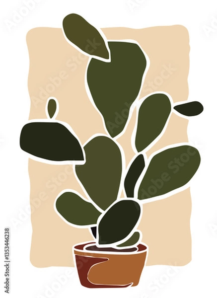 Obraz Cactus in pot drawing. Botanical flower framed minimal art print hand drawn leaves shapes matisse style, naive art, contemporary background.