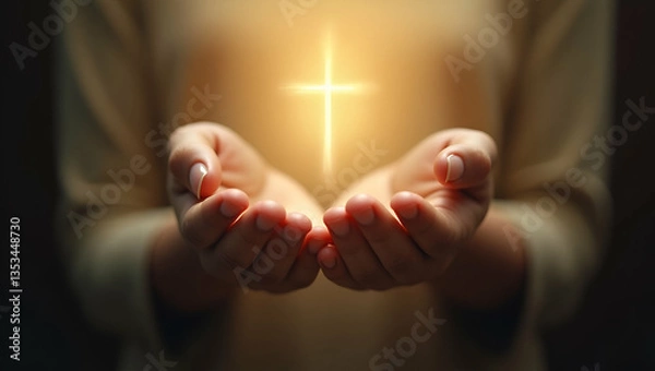 Obraz Human hands open palm up worship with faith in religion and belief in God on blessing background.Christian Religion concept background. concept as Hands open in worship with faith in religion and beli