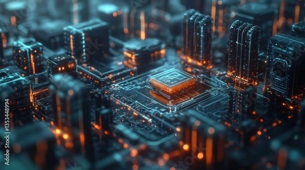 Fototapeta Cyberpunk Cityscape: A Futuristic Microchip Metropolis