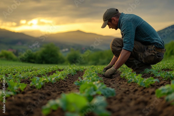Fototapeta Farmer working diligently in a row of crops during sunset