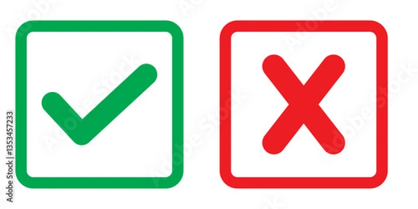 Fototapeta Green check mark, red cross mark icon set. Isolated tick symbols, checklist signs, approval badge. Flat and modern checkmark design, vector illustration
