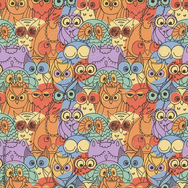 Fototapeta Seamless Pattern with Furry Doodle Owls.