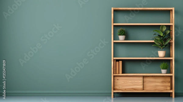 Fototapeta Wooden Shelf with Plants in Green Room