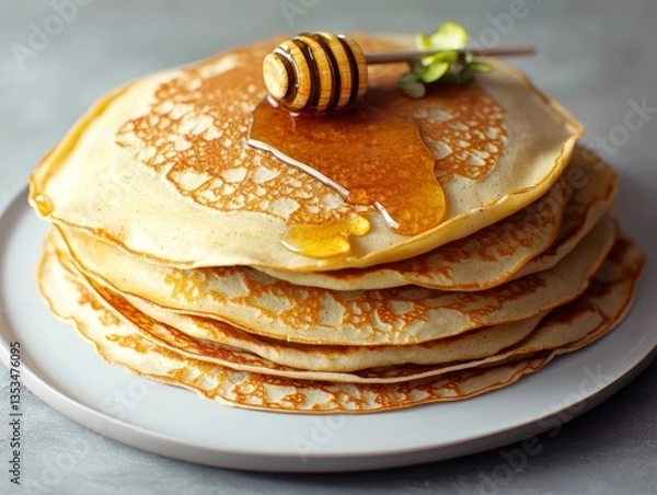 Fototapeta Stack of golden-brown pancakes drizzled with honey on a light gray plate, beautifully displayed on a textured gray surface for mouthwate breakfast delight