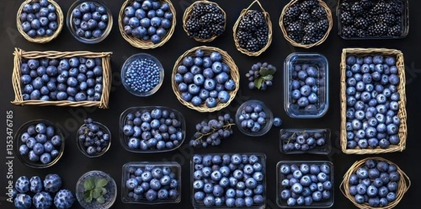 Fototapeta Fresh blueberries, rustic wooden backdrop, overhead view, assorted containers, ceramic bowls, wicker baskets, metal tins, dark moody lighting, farm-to-table aesthetic, organic produce, vibrant blue co