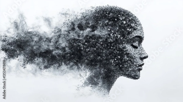 Fototapeta Abstract female profile, fragmented form, dissolving into smoke