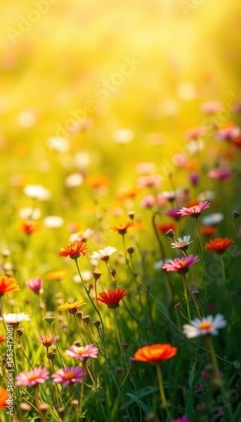 Fototapeta Vibrant sunlit abstract spring flower field backdrop, flower, details