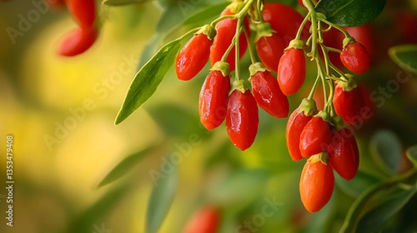 Fototapeta Fresh Goji Berries on Branch with Vibrant Red Color and Green Leaves in Natural Setting