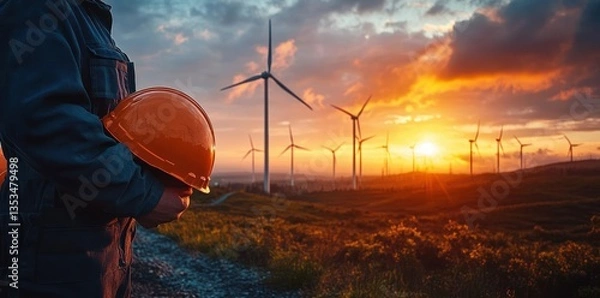Obraz Wind Turbines Sunset Industrial Landscape with Technician Engineer Holding Safety Helmet at Power Generation Station