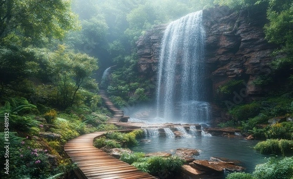 Obraz Wooden Walkway Leading to Cascading Waterfall Surrounded by Rugged Cliffs and Lush Greenery in Sweden National Park