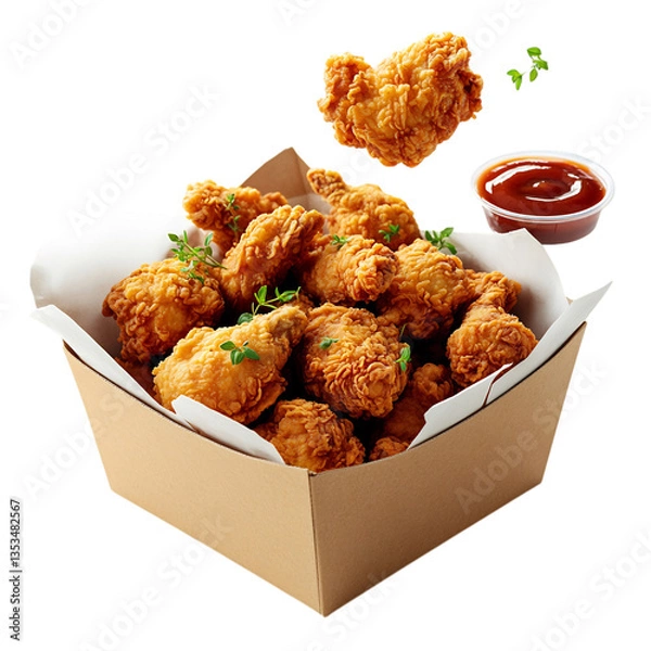 Obraz A Box of Crispy Fried Chicken with Dipping Sauces Isolated on Transparent Background