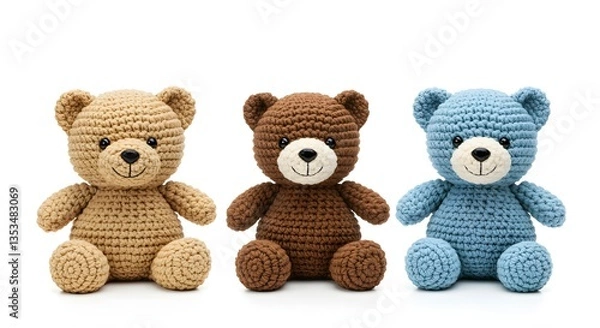 Obraz Three Knitted Teddy Bears on White Background