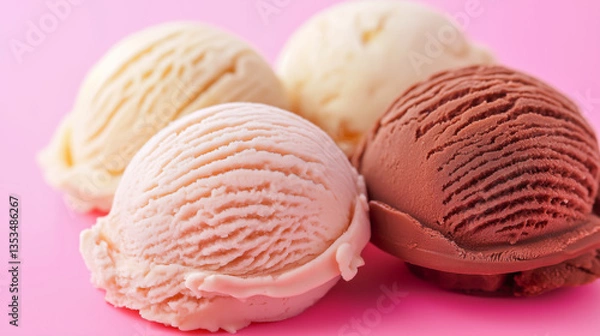 Fototapeta Delicious ice cream scoops in various flavors arranged on a colorful background