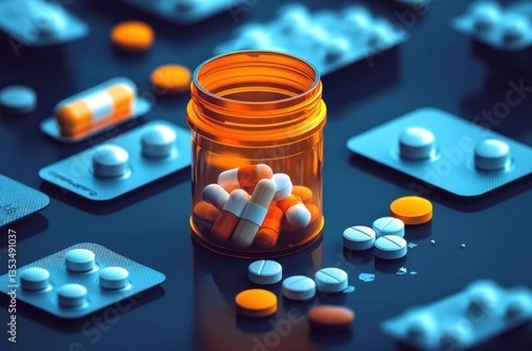 Obraz Pill Bottle and Blister Pack Vector Illustration for Medication Awareness Day