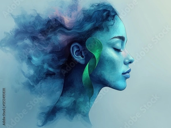 Obraz Mental Health Awareness Month Poster Illustration with Human Profiles and Emotions in Blue and Green