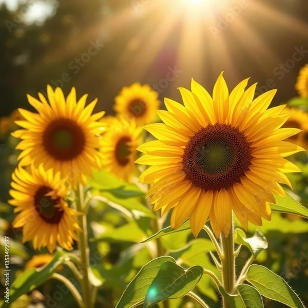Fototapeta Golden sunflower in full bloom, bathed in warm summer sunlight, background, sunlight, stem