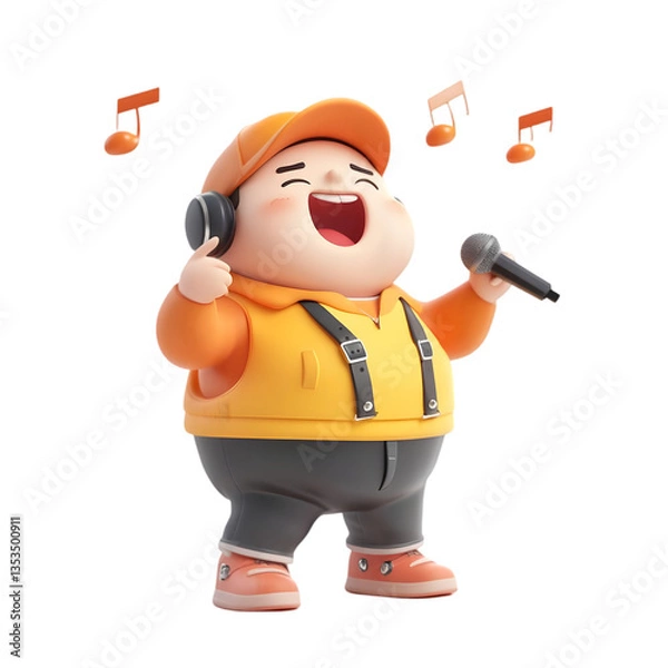 Obraz Cheerful Cartoon Character Singing With Headphones And Microphone