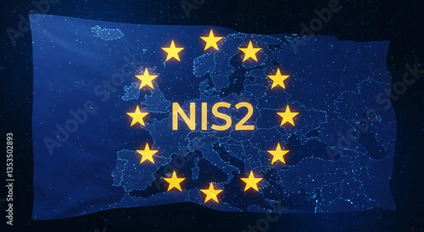 Fototapeta European Union Flag with Map and Stars with NIS2 Text