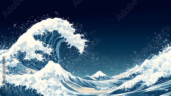 Obraz The Great Wave: An iconic depiction of the ocean's raw power, with a colossal wave cresting against a deep, dark background, reflecting the beauty and dynamic energy of nature.