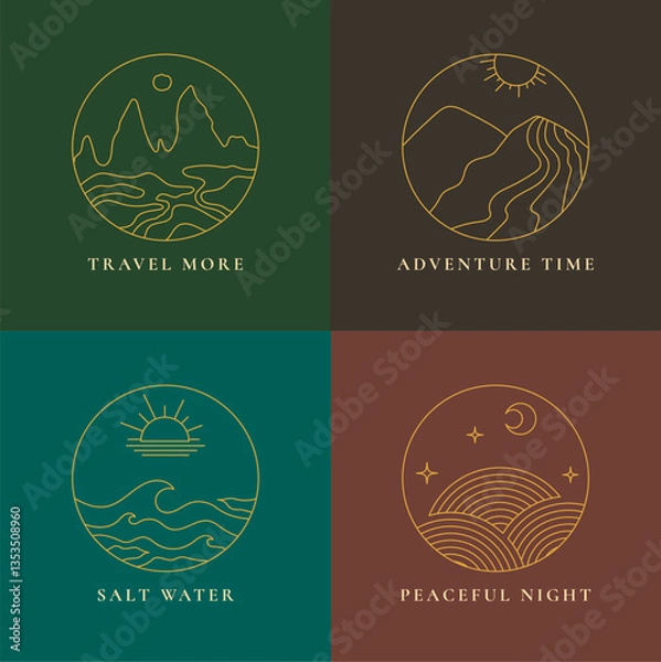 Obraz Minimalist Line Art Nature and Travel Icons – Adventure, Ocean, and Night Landscape Set