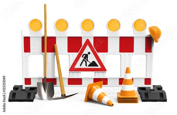 Obraz Baustelle, Absperrung mit Schaufel, Pickel, Baustellenschild, Pylone und Sicherheitshelm, isoliert auf weiß 3D Rendering