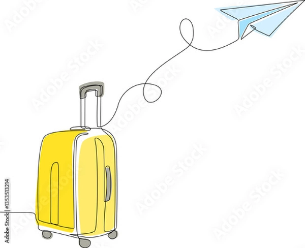 Fototapeta Single line drawing of Suitcase with Paper plane flying up and lettering in line art style. Continuous one line travel drawing of yellow case, luggage bag with wheels Editable stroke vector