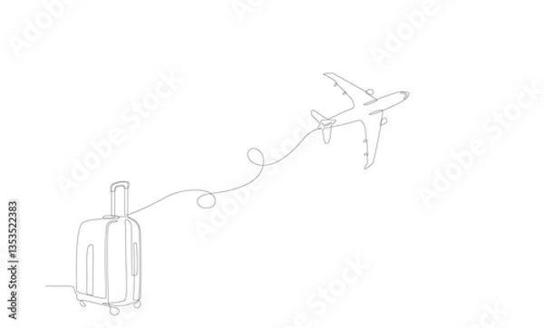 Fototapeta Suitcase with airplane flying up and rote in continuous one line style. Single line travel drawing of contour of luggage bag with wheels isolated on white background Editable stroke vector