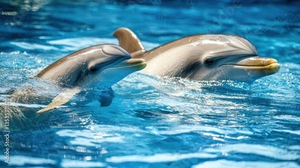 Fototapeta Dolphin Mother and Calf Swimming Together