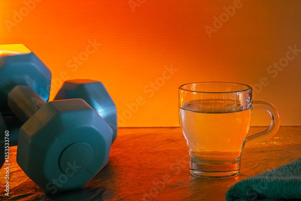 Obraz dumbbell and dumbbells.A glass of water placed near a dumbbell