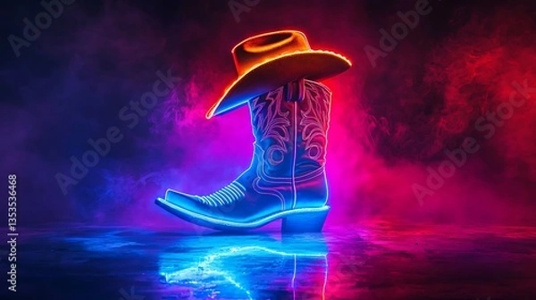 Obraz Neon-lit cowboy boot and hat on reflective surface with smoke.