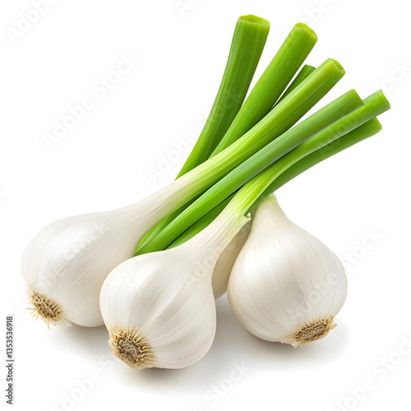 Fototapeta Fresh Garlic Bulbs with Green Stems A collection of fresh garlic bulbs with green stems, ideal for cooking and culinary use.