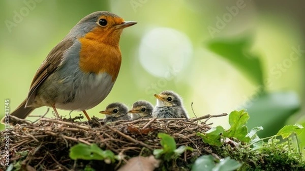 Fototapeta Robin Feeding Worms to Its Babies in a Nest