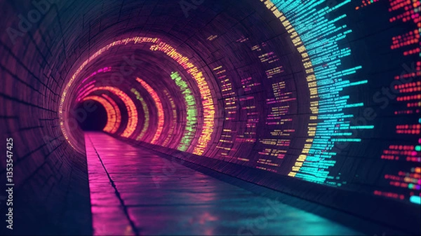 Fototapeta Futuristic vibe coding neon tunnel with glowing pink and blue digital code patterns, cybersecurity landscape sci-fi corridor perspective concept