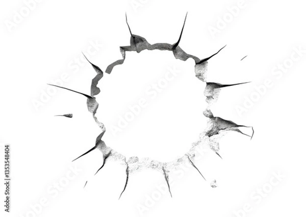 Fototapeta Shattered Wall with Radial Cracks and Broken Concrete Pieces. Isolated on a Transparent Background