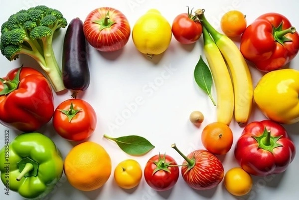 Fototapeta Colorful assortment of fresh fruits and vegetables on a clean white background, nutrition, food, organic
