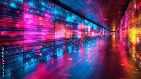 Obraz Futuristic corridor with vibrant neon purple and pink lights creating reflective geometric patterns, cyberpunk sci-fi tunnel perspective background
