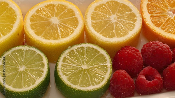 Fototapeta Citrus fruits and raspberries on white background