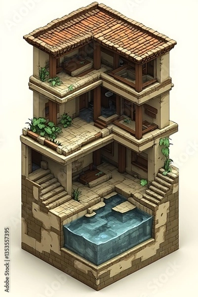 Obraz Isometric architectural illustration depicting a tiered structure with multiple levels and water
