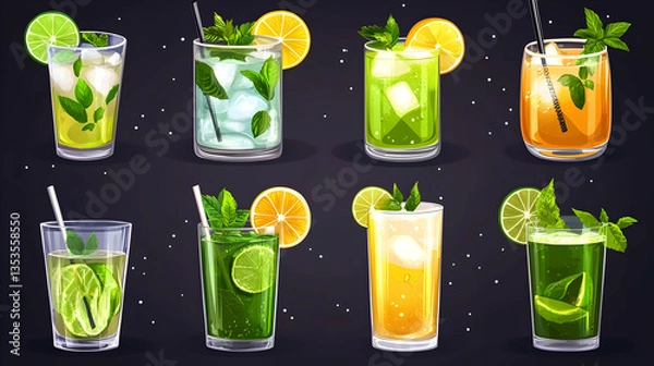 Fototapeta Refreshing summer cocktails, ice, mint, citrus.  Perfect for menus, websites