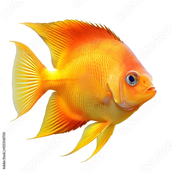 Fototapeta Vibrant Yellow Goldfish with Elegant Fins A bright yellow goldfish with flowing fins, gracefully swimming in an aquatic setting.