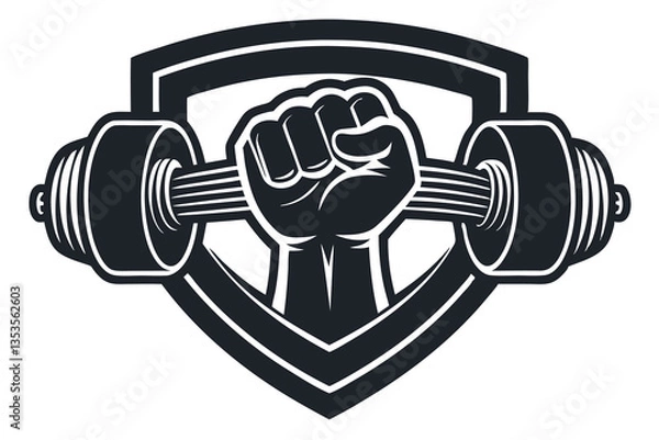 Obraz illustration of a rough strong clenched hand fist holding lifting a barbell or dumbbell. weight lifting gym fitness sport club vintage retro emblem badge label logo design