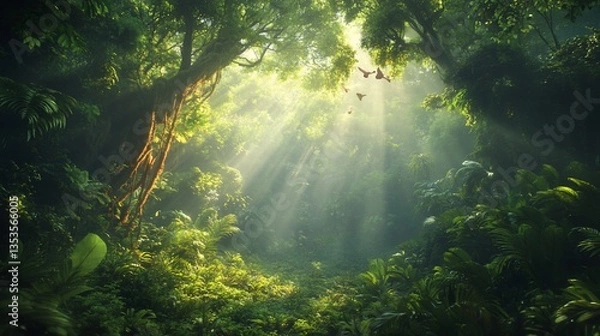 Fototapeta Mystical jungle scene with sunbeams and lush foliage creating magic ambiance