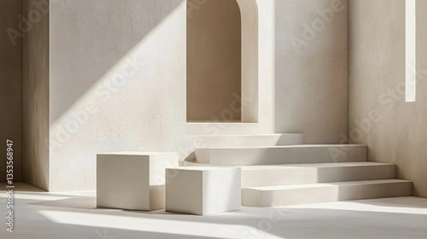 Fototapeta Minimalist Interior Design with Sunlight, Arches, and Geometric Shapes. Architectural Visualization.