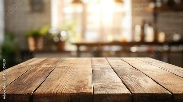 Fototapeta Sunlit wooden table in a cozy kitchen with plants and kitchenware in the background, creating a warm atmosphere