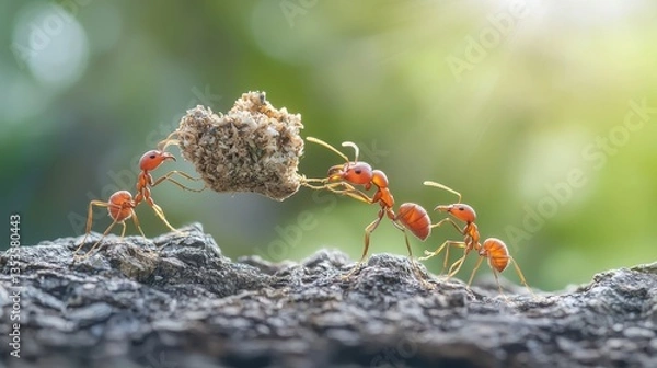 Obraz A large group of ants working together to carry a seed back to their in a natural outdoor setting