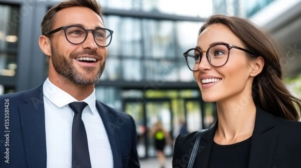 Obraz A smiling business couple posing together for a professional photo in a modern office setting with bright lighting