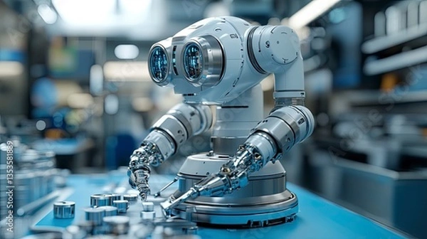 Fototapeta Medical robot assisting surgeon during minimally invasive procedure with multiple precision tools