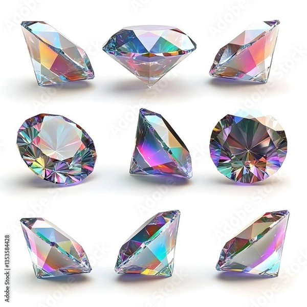 Fototapeta A Set of Stunning Prism-Cut  Diamond Gems An exquisite collection of diamonds, cut into various unique faceted shapes.