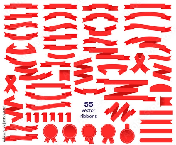 Fototapeta Set of red ribbons and round sticker. Paper scrolls. Red ribbon vector icon on white background. Sticker and decoration for app and web. Label, badge and borders collection.