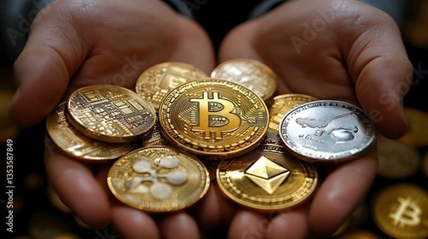 Obraz Hands holding various cryptocurrencies.